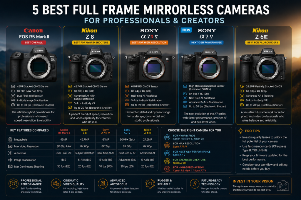 Best full frame mirrorless cameras in 2026 including Nikon Z8, Canon EOS R5 Mark II, Sony A7R V, Sony A7 IV, and Nikon Z6 III.