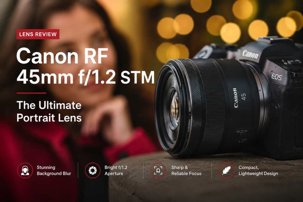 Canon RF 45mm f/1.2 STM Lens mounted on a Canon EOS R camera, showcasing its premium portrait photography capabilities and beautiful bokeh for the in-depth review on Camzon.pk.