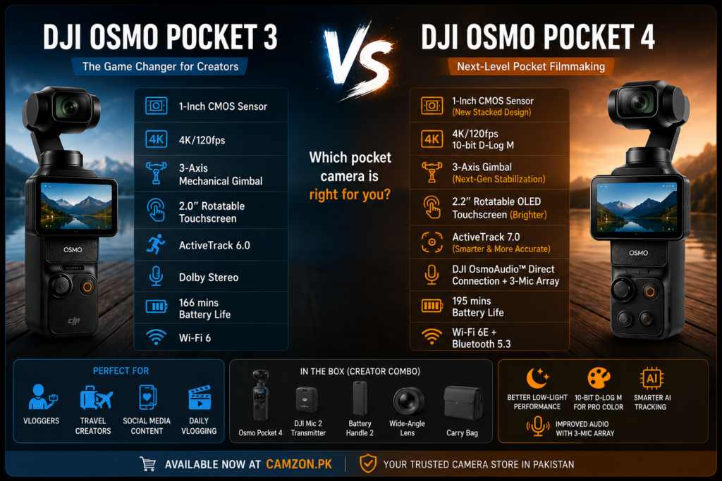 DJI Osmo Pocket 3 vs DJI Osmo Pocket 4 camera comparison showing the key differences, features, and upgrades for creators.