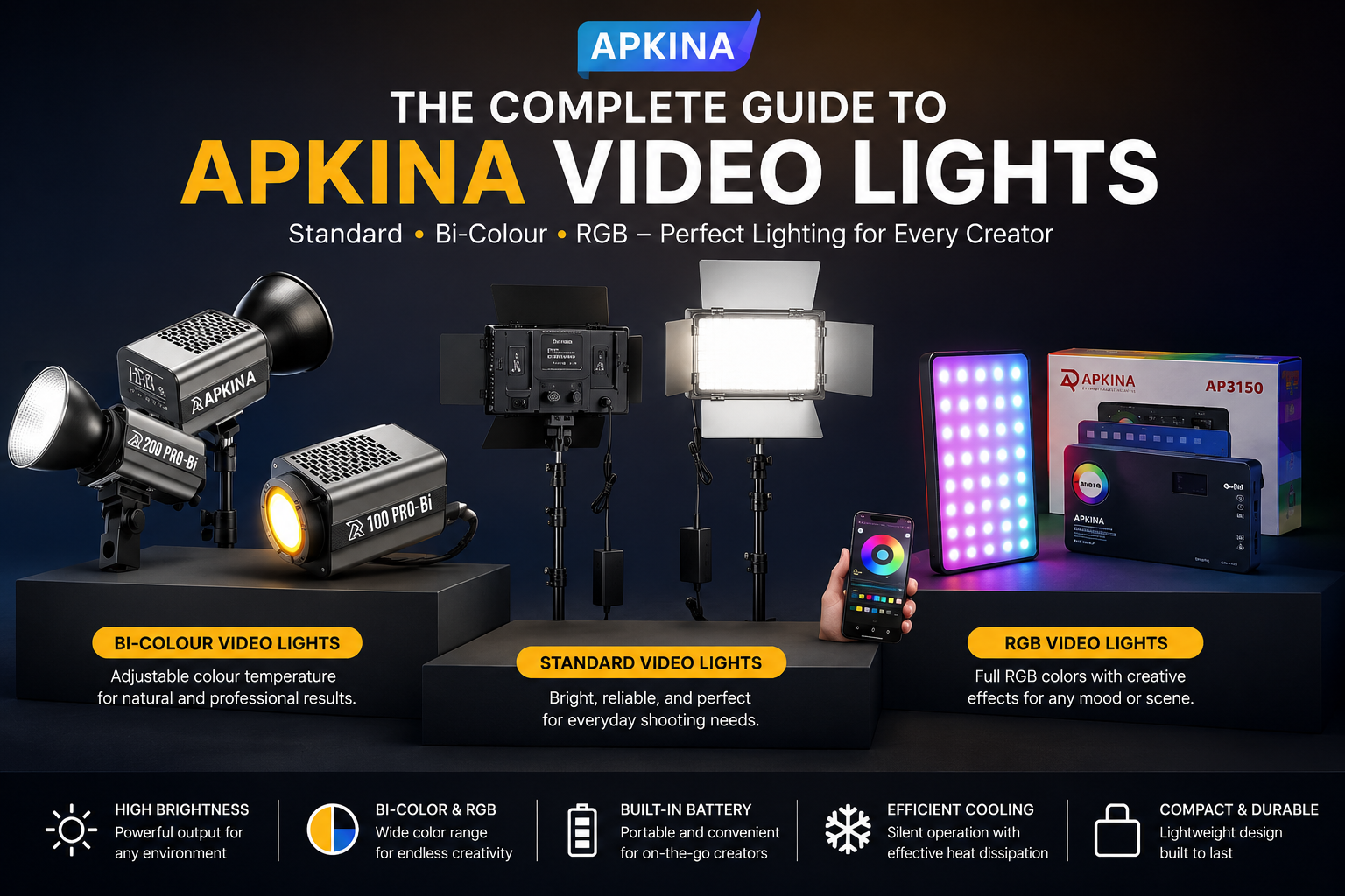 Top 6 APKINA LED video lights in Pakistan for content creation, photography, filmmaking, YouTube, and studio production.