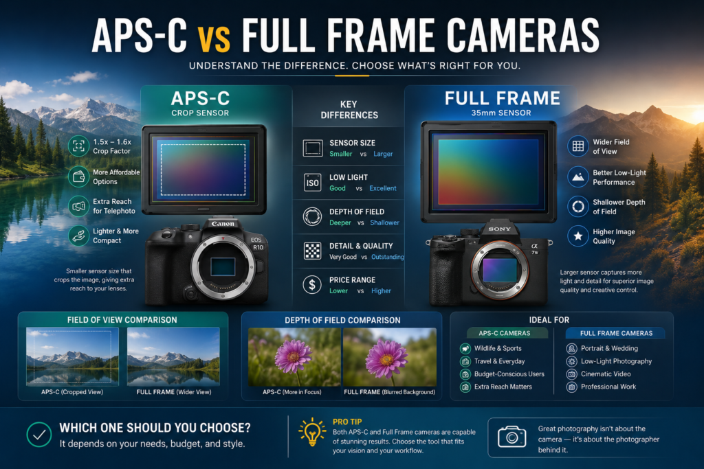 Comparison between APS-C and Full Frame cameras highlighting sensor size differences, image quality, low-light performance, and ideal use cases for photographers and content creators in Pakistan.