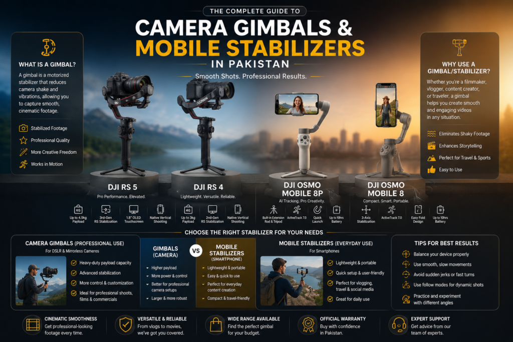 Camera gimbals and mobile stabilizers in Pakistan for smooth video recording, vlogging, filmmaking, and content creation.