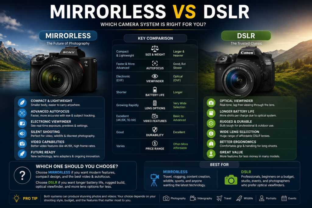 Mirrorless vs DSLR camera comparison showing key differences in size, autofocus, and video performance.