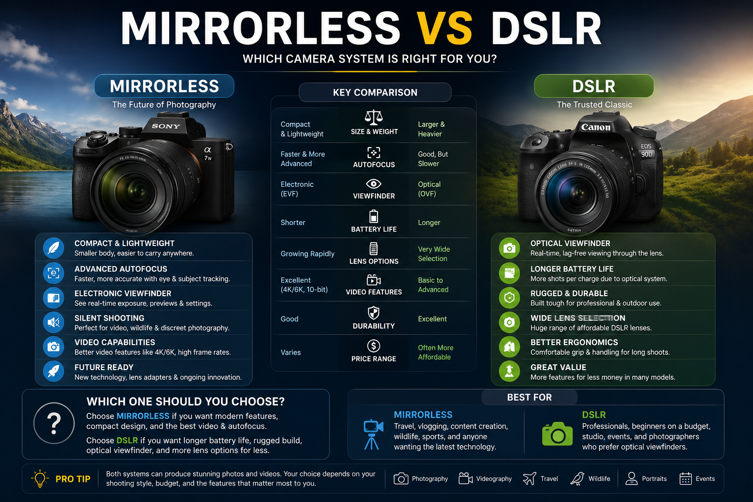 Mirrorless vs DSLR camera comparison showing key differences in size, autofocus, and video performance.