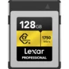 Lexar 128GB CFexpress Type B memory card front view showing high-speed storage for professional photography and cinema video recording.