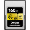 Lexar 160GB Professional CFexpress Type A Card GOLD Series front view showing high-speed professional memory card for Sony mirrorless cameras and 8K video recording.