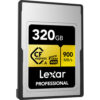 Close-up of the Lexar 320GB Professional CFexpress Type A Card GOLD Series showing premium Type A memory card design for professional cameras.