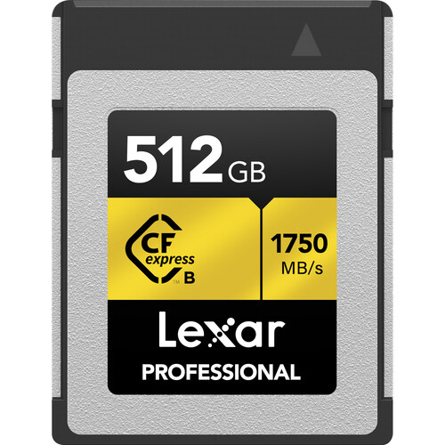 Lexar Professional CFexpress Type B 512GB memory card front view showing ultra-fast storage for professional photography and high-resolution video production.