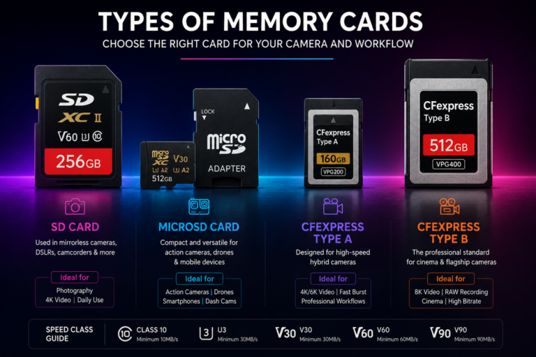 Different types of memory cards including SD, microSD, CFexpress Type A and CFexpress Type B cards for cameras, drones, and content creators in Pakistan, Memory Cards in Pakistan
