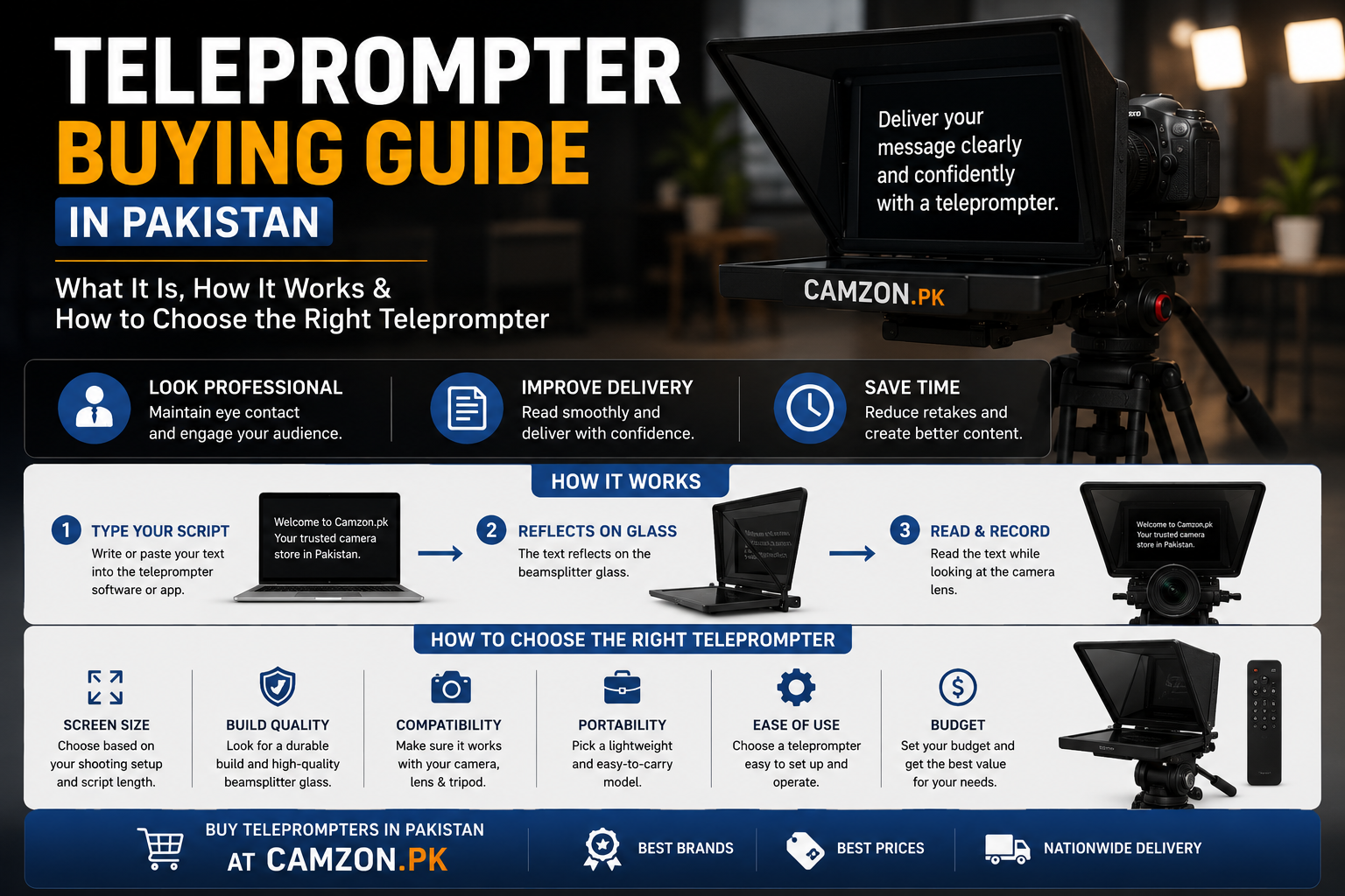 Teleprompter buying guide in Pakistan showing a content creator using a teleprompter with a mirrorless camera