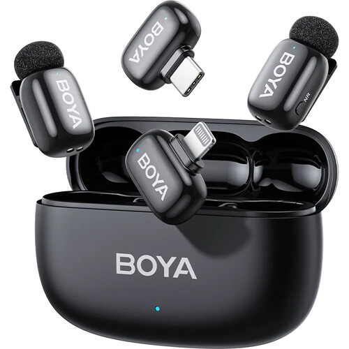 BOYA mini 2 2-person wireless microphone with USB-C and Lightning receivers in black with charging case