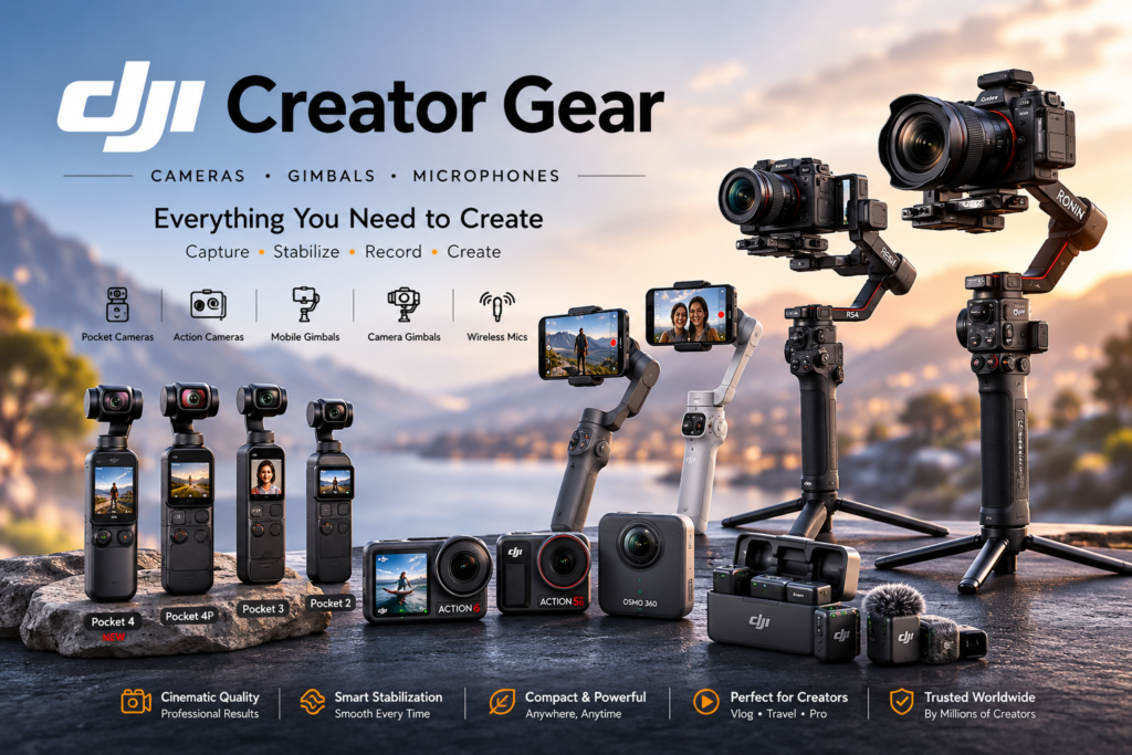 DJI creator gear with cameras, gimbals, action cameras and wireless microphones